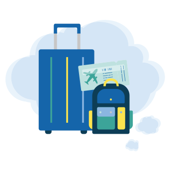 Blue suitcase and backpack icons with a map showing a safety professional's travel plans