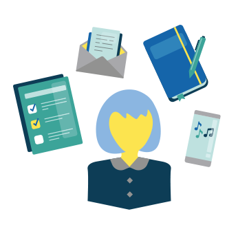 Busy safety professional woman icon with a checklist, email, notebook and cell phone floating over her head